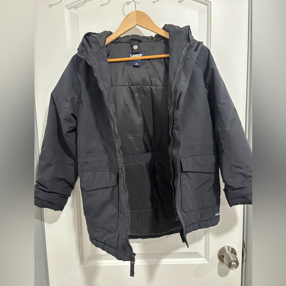 Lands’ End Kids Black Insulated Winter Parka Coat | Hooded | Size M 10–12 - Picture 9 of 13